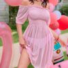 Solid Color Shirred Puff Sleeve Cover-Up For Summer