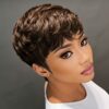 Perruque #4 Coupe Pixie en Cheveux Humains Naturels Raides, Brun Foncé, Courte et Superposée avec Frange, Peut Être Bouclée, Peut Être Restylée, Convient aux Femmes, pour Fête, Festival et Tenue Décontractée